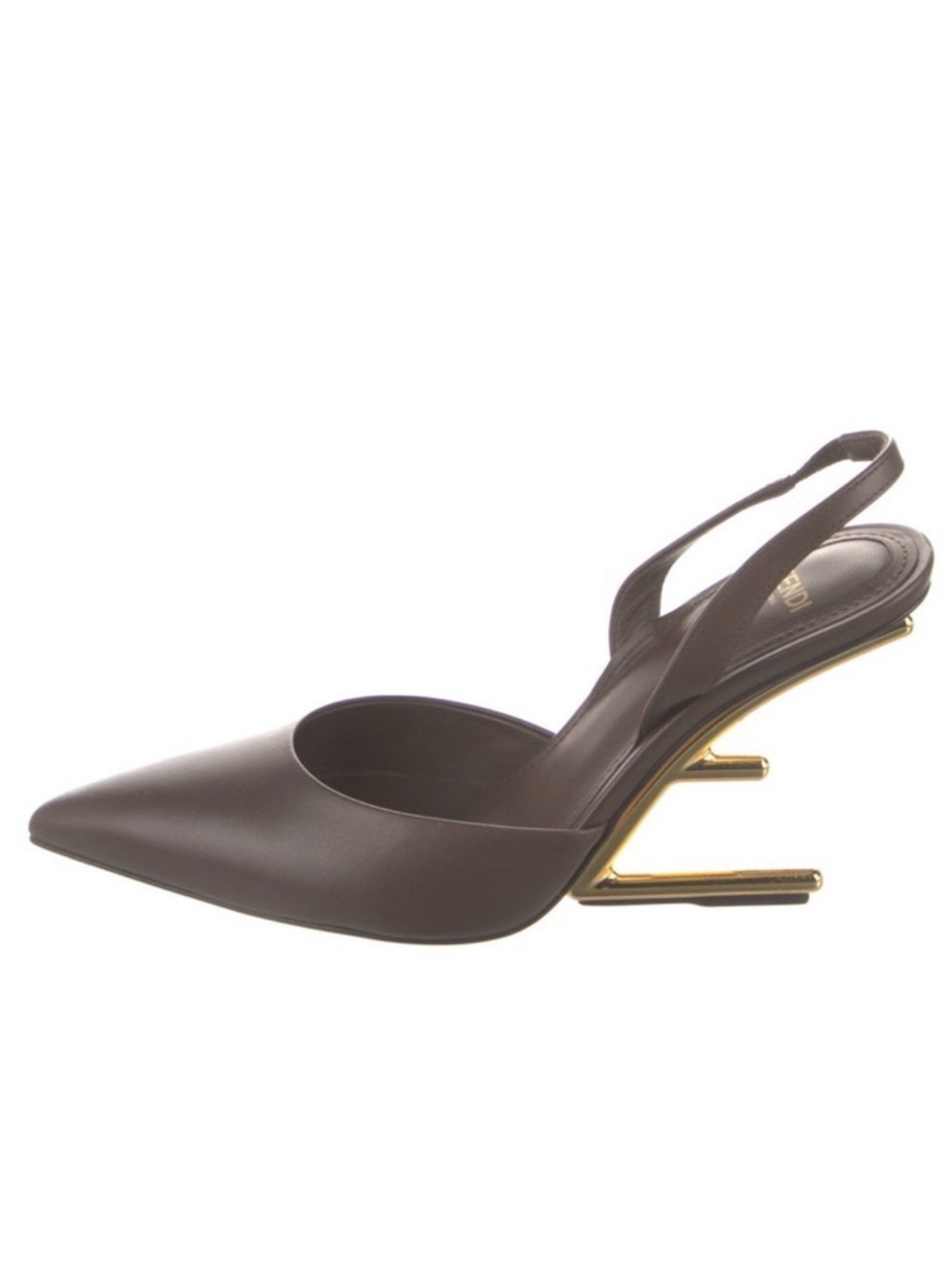 Fendi First Brown Pointed Slingback Pumps with Gold Sculptural Heel